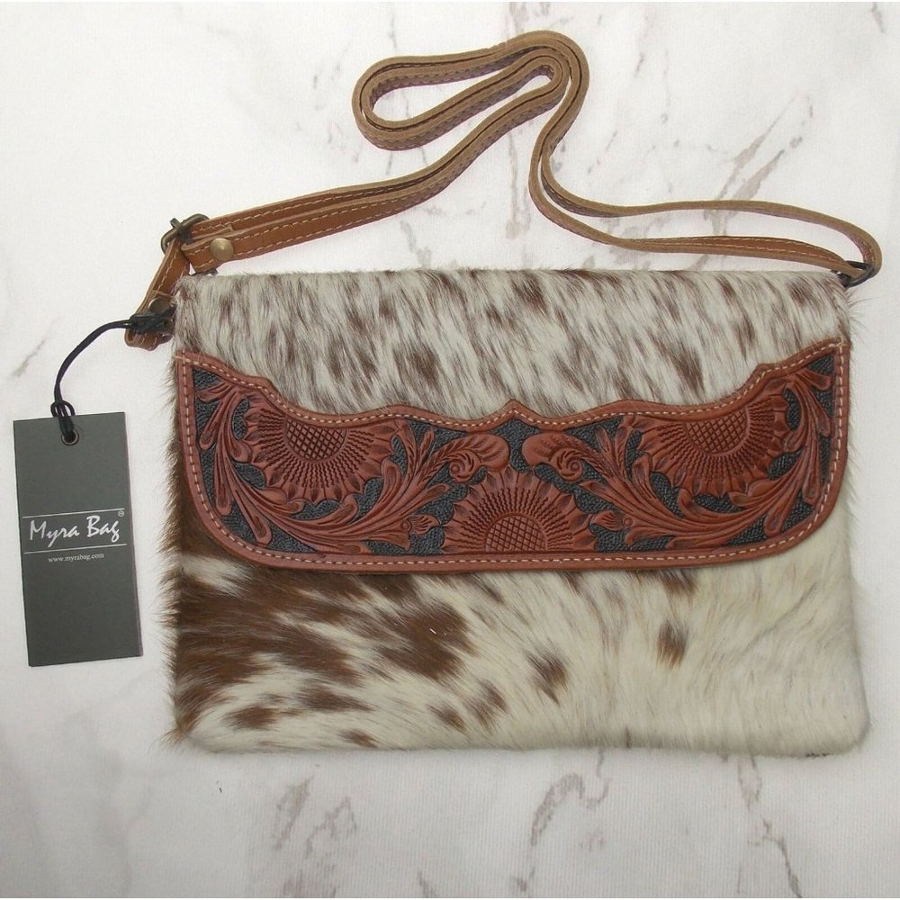 Myra Bag Brown Shells Hand Tooled Leather Hairon Handbag Eco Friendly Up Cycled